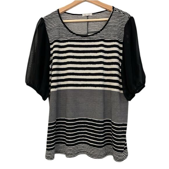 Ava James Blouse with black and white stripes and sheer black puffy sleeve sz XL - Picture 1 of 7